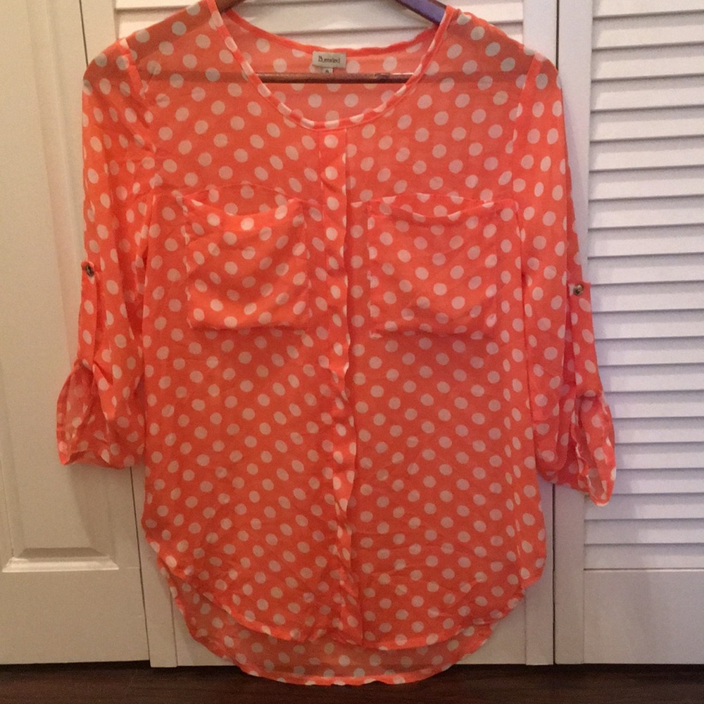 Pink w/white dots long sheer 3/4 shirt
